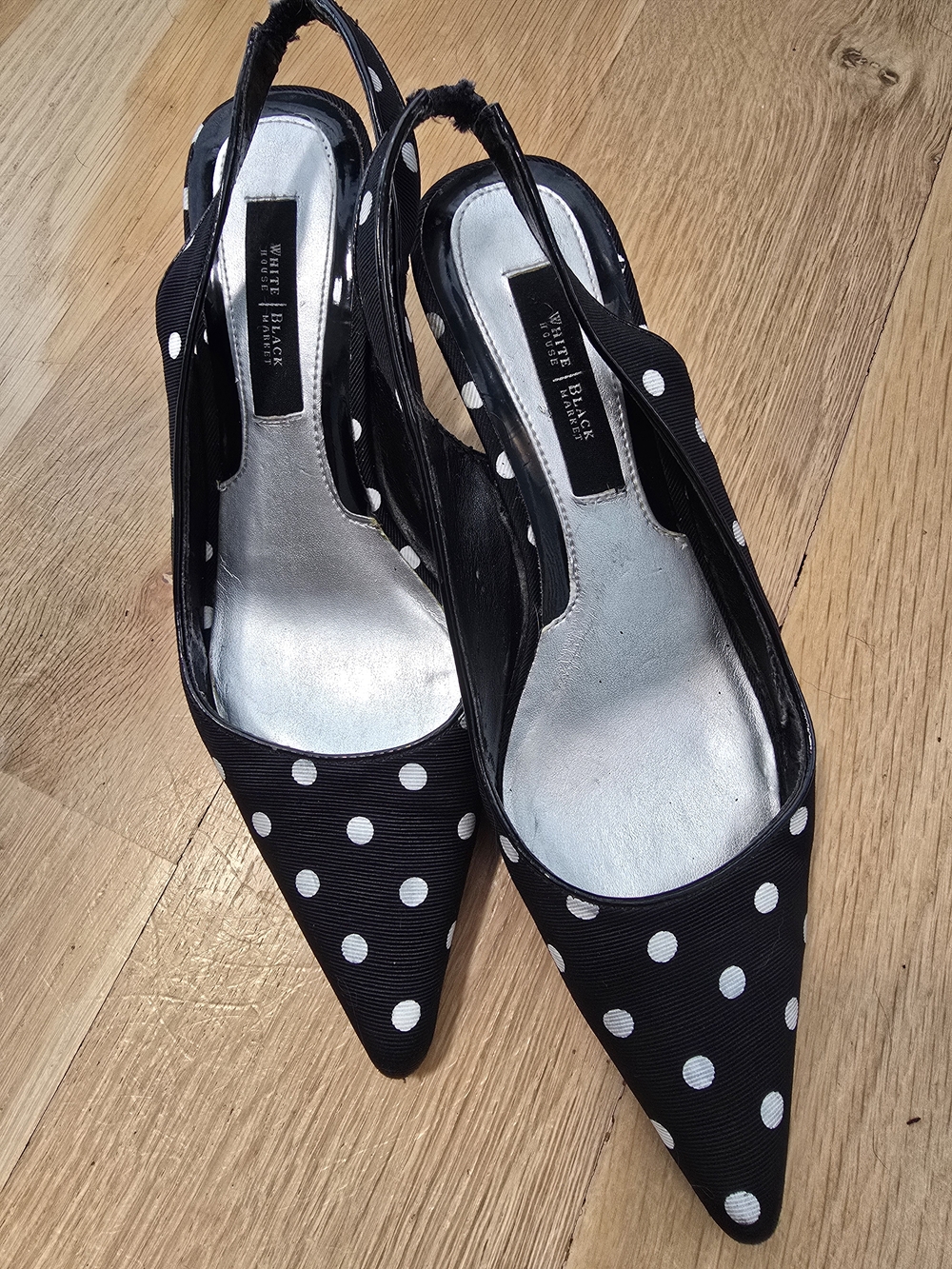 White House Black Market Black and White Polka Dot Pointed Slingbacks